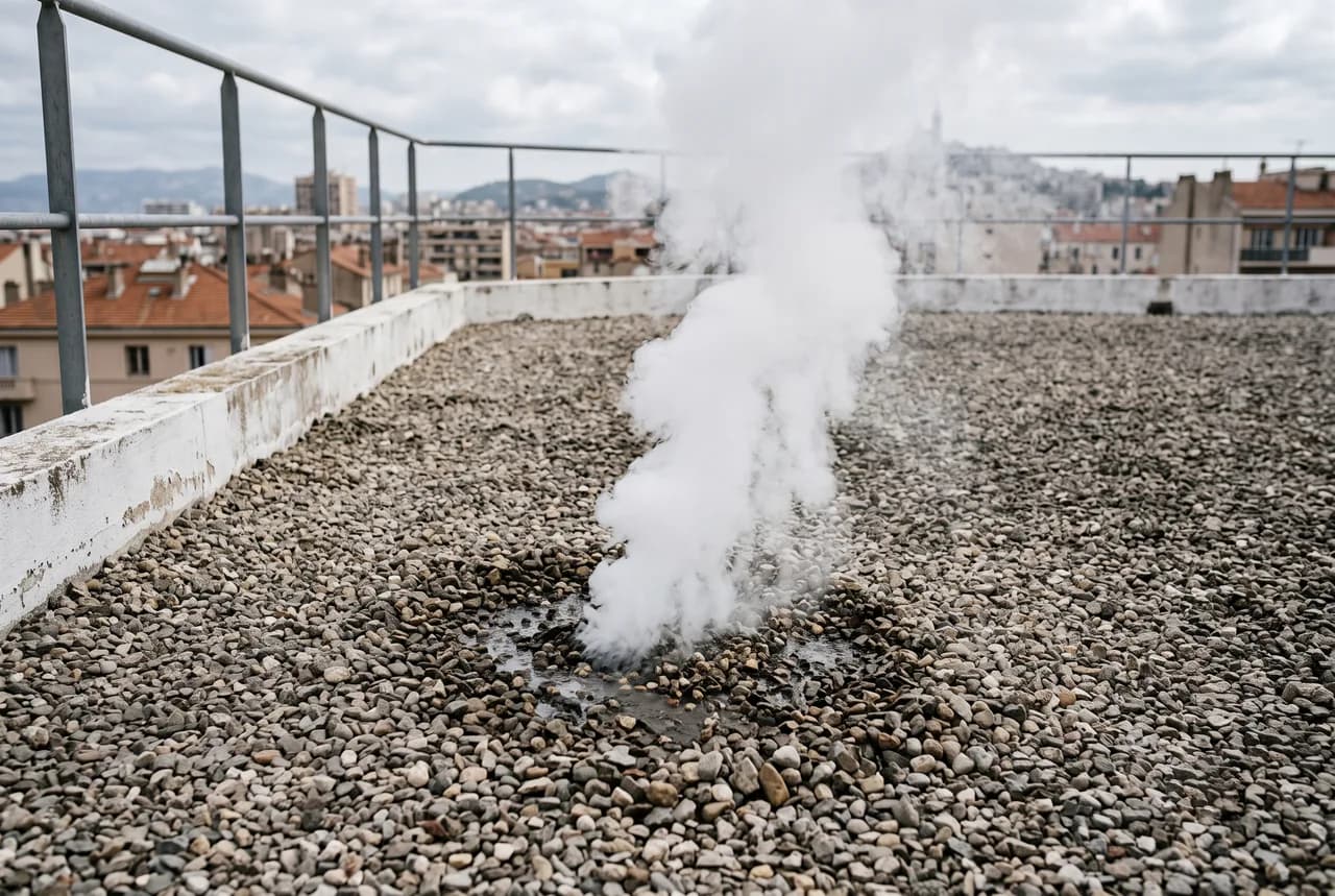 Recherche de fuite sur toit-terrasse gravillonnée par test fumigène (gaz traceur) à Marseille