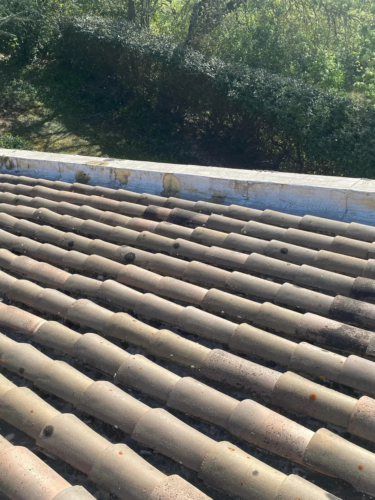 Acrotère et tuiles anciennes avant travaux, peinture écaillée à l'origine d'infiltrations