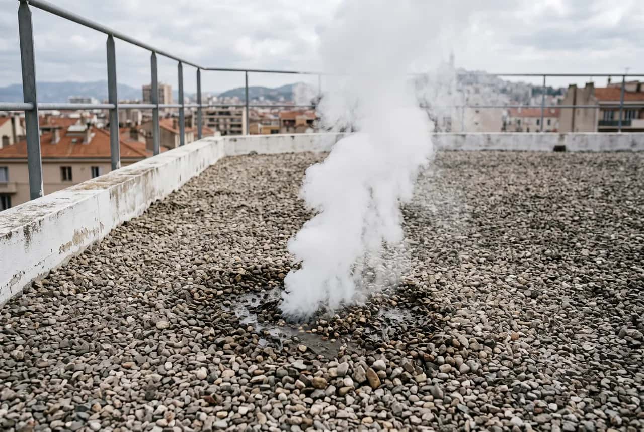 Recherche de fuite sur toit-terrasse gravillonnée par test fumigène (gaz traceur) à Marseille